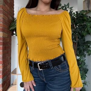 Y2K Ruched Babydoll Cropped Blouse Mustard Yellow